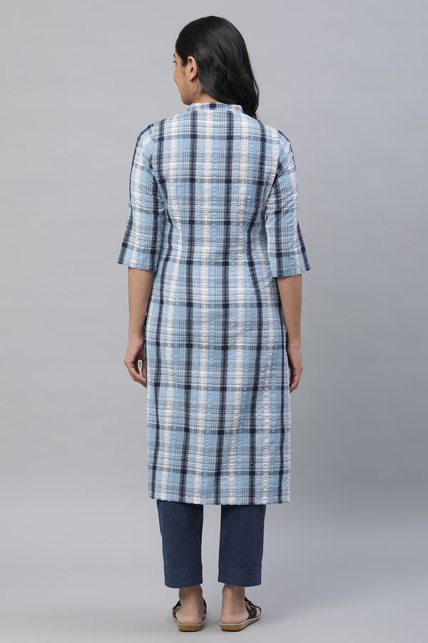 Blue Textured Cotton Checker Kurta
