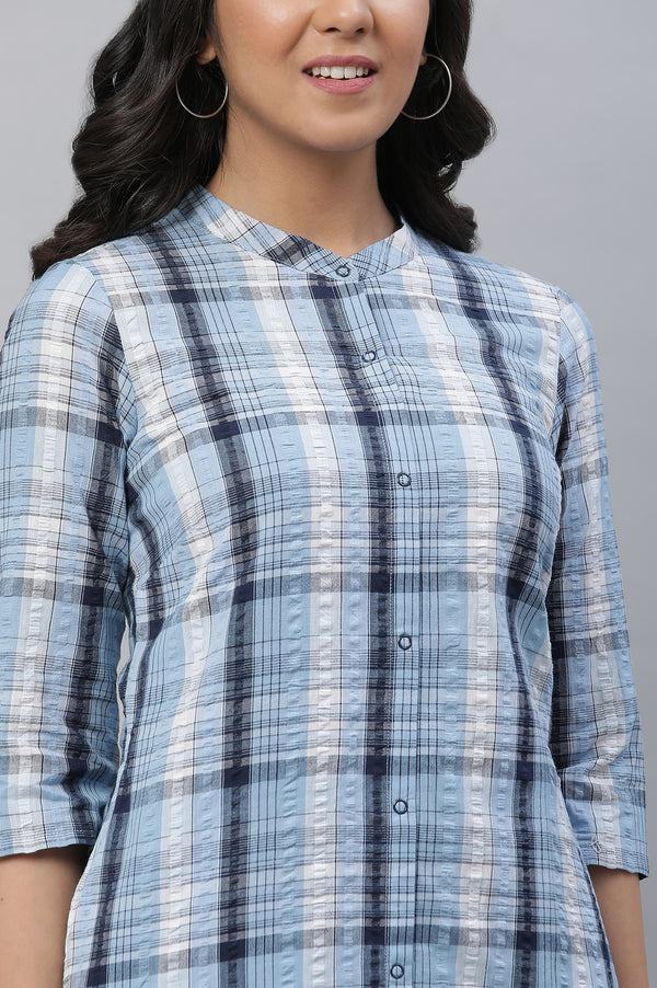 Blue Textured Cotton Checker Kurta
