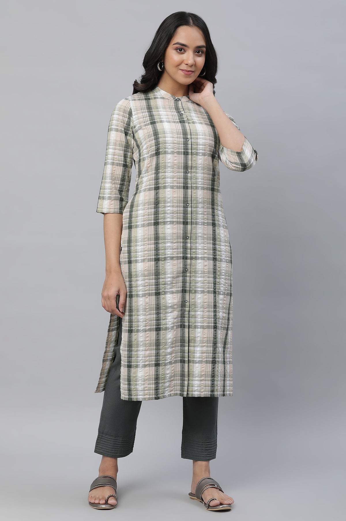 Elleven Women's Green Textured Cotton Checker Kurta - XS
