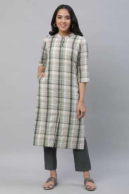 Green Seer Sucker Checker Kurta