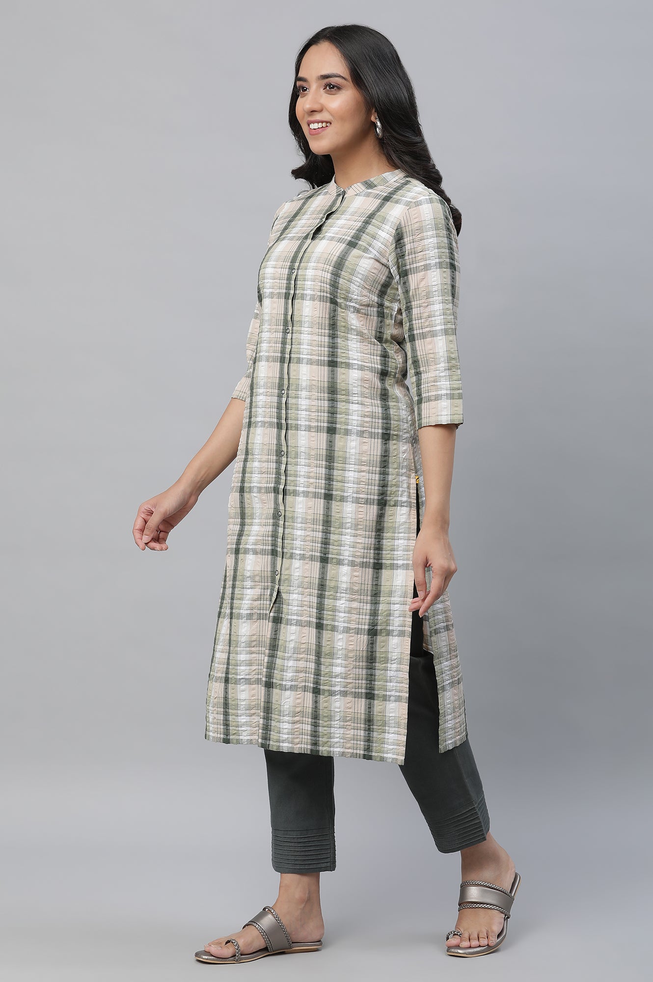 Green Seer Sucker Checker Kurta