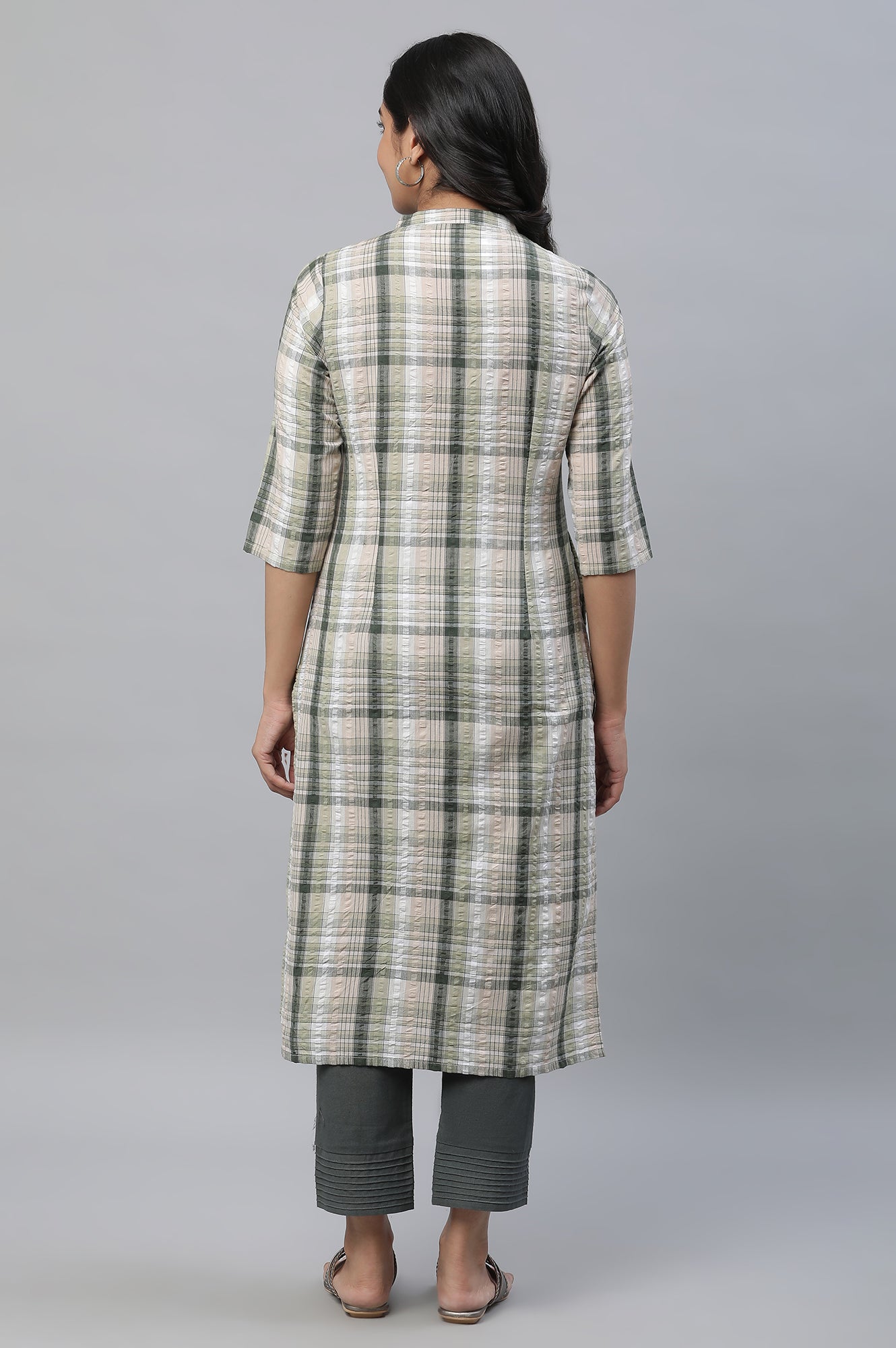 Green Seer Sucker Checker Kurta