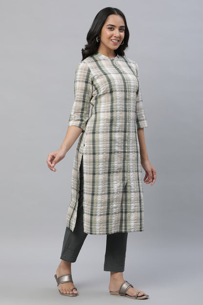 Green Seer Sucker Checker Kurta