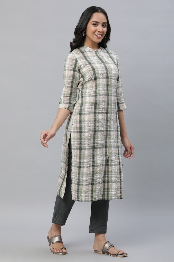Green Textured Cotton Checker Kurta