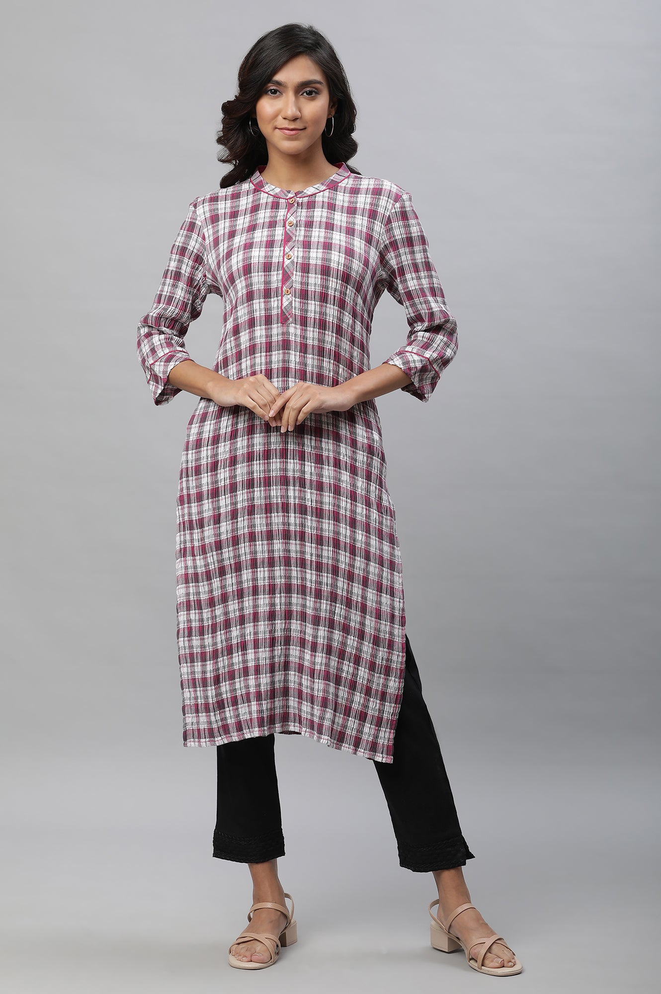 White &amp; Magenta Check Printed Casual Kurta