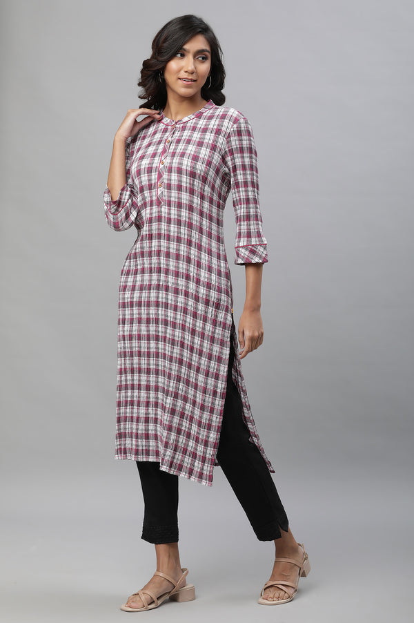 White & Magenta Check Printed Casual Kurta
