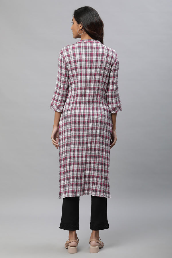 White & Magenta Check Printed Casual Kurta