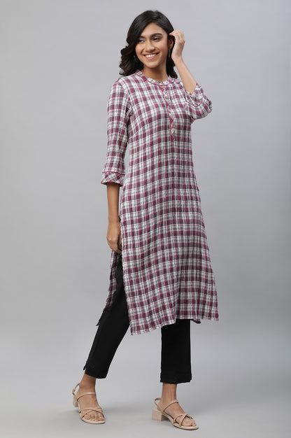 White &amp; Magenta Check Printed Casual Kurta