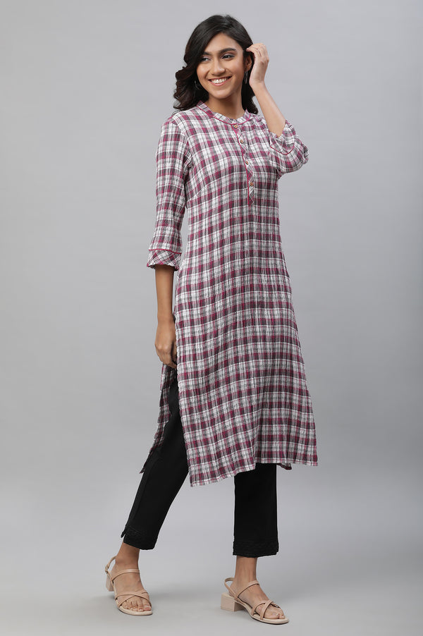 White & Magenta Check Printed Casual Kurta