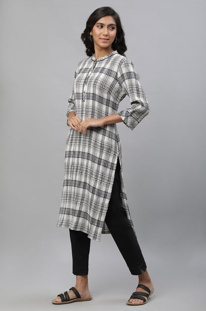 White &amp; Black Check Printed Casual Kurta