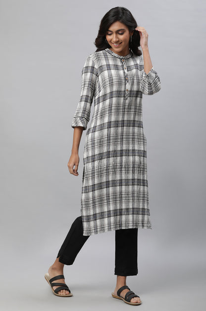 White &amp; Black Check Printed Casual Kurta