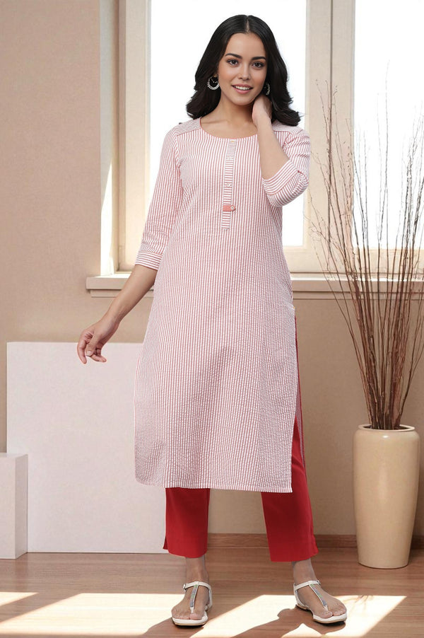 Peach Stripe Textured Cotton Kurta