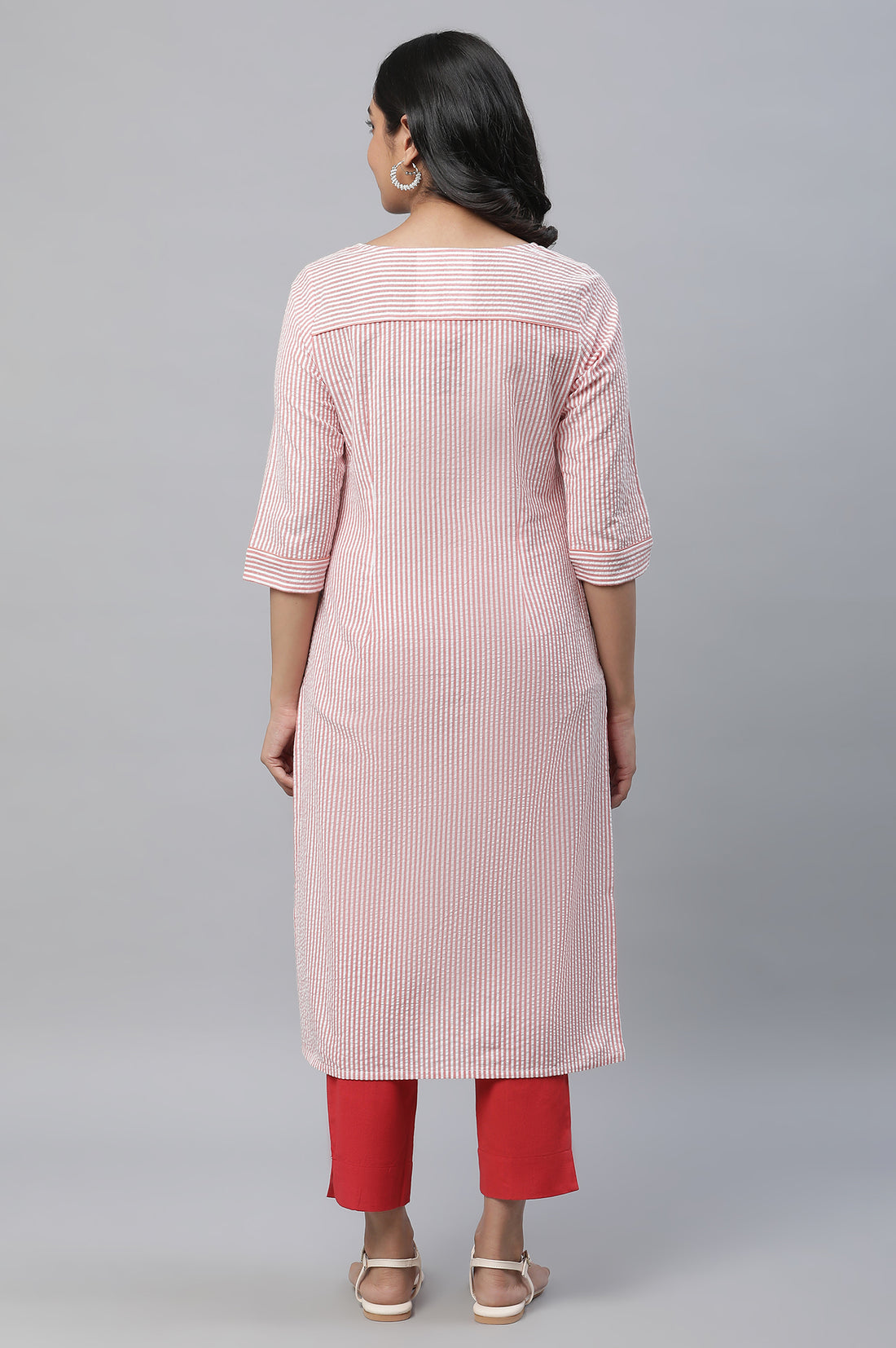 Peach Striped Straight Cotton Kurta