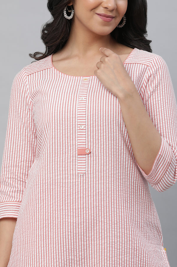 Peach Striped Straight Cotton Kurta
