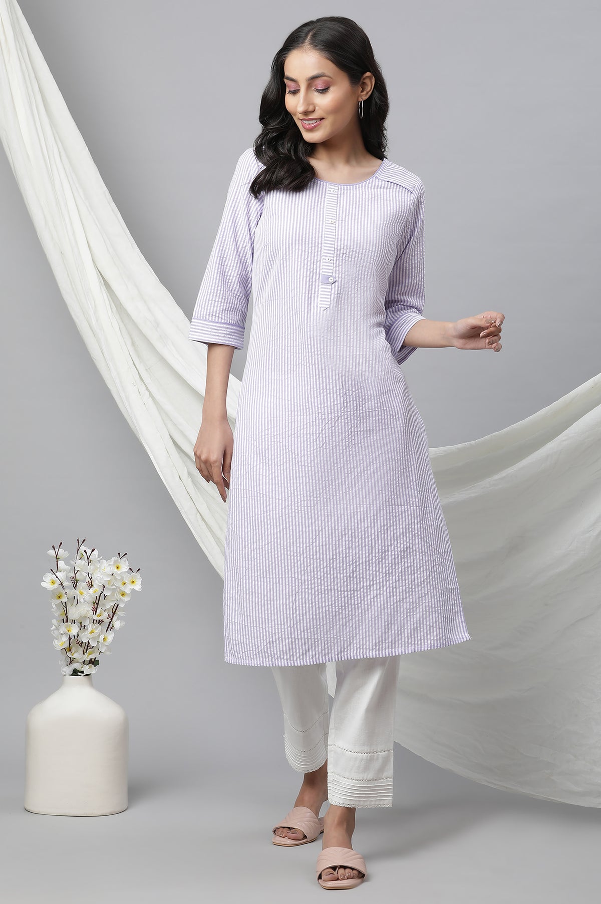 Purple Stripe Textured Cotton Kurta - XS