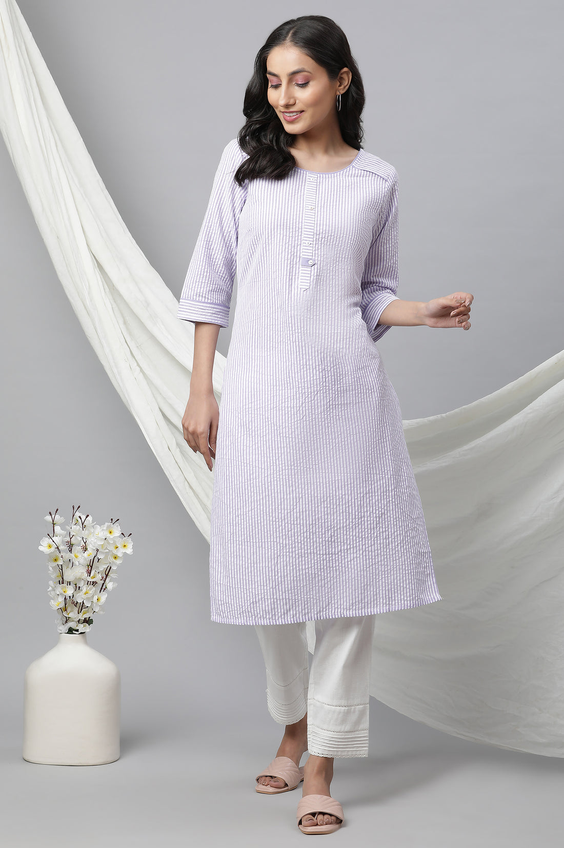Purple Stripe Textured Cotton Kurta