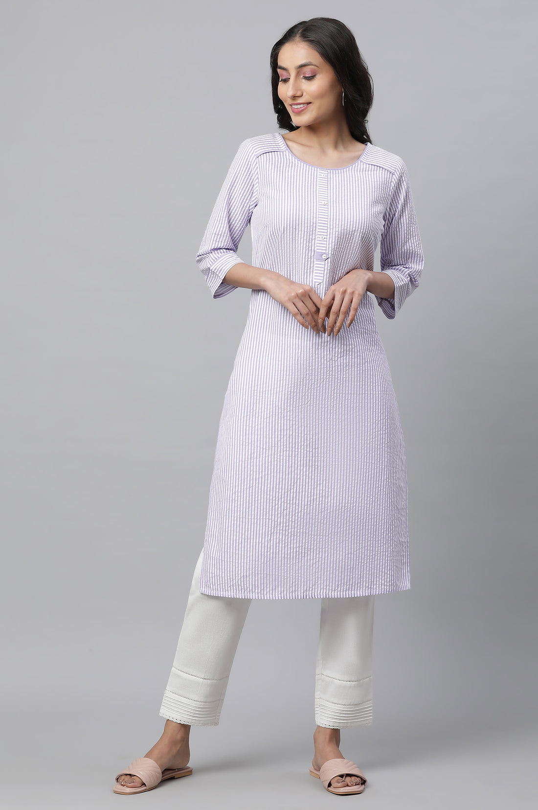 Purple Stripe Textured Cotton Kurta