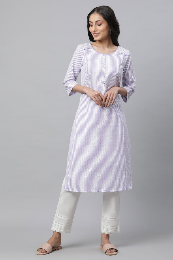 Purple Striped Straight Cotton Kurta