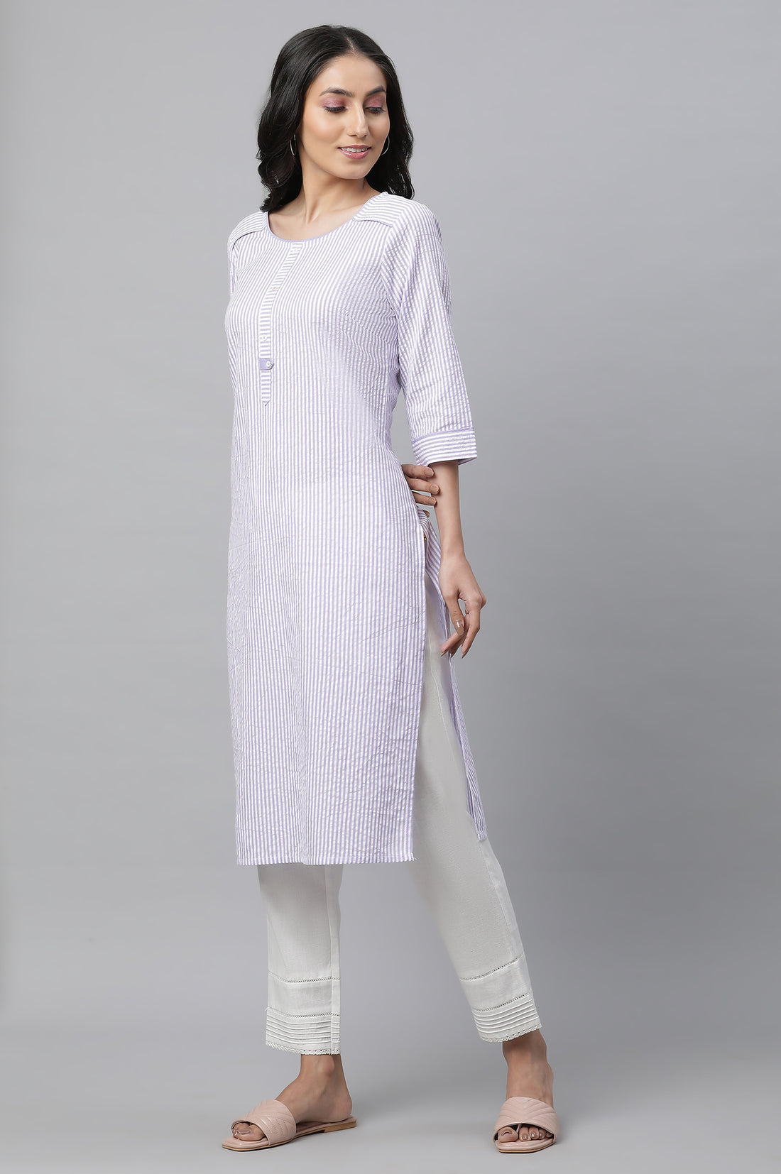 Purple Striped Straight Cotton Kurta