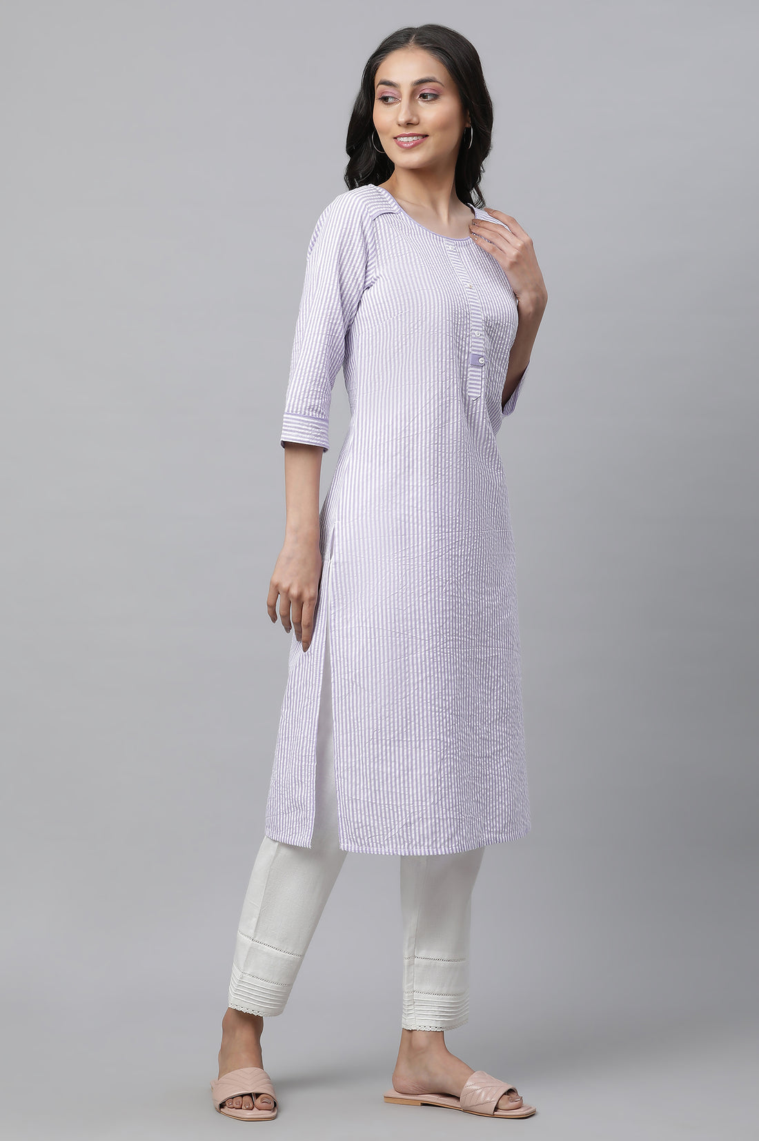 Purple Striped Straight Cotton Kurta