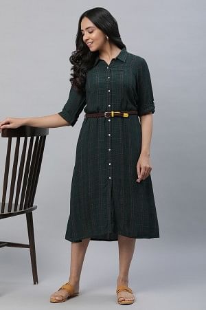 Green Checker Shirt Dress with Belt