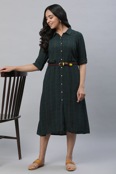 Green Checker Shirt Dress with Belt