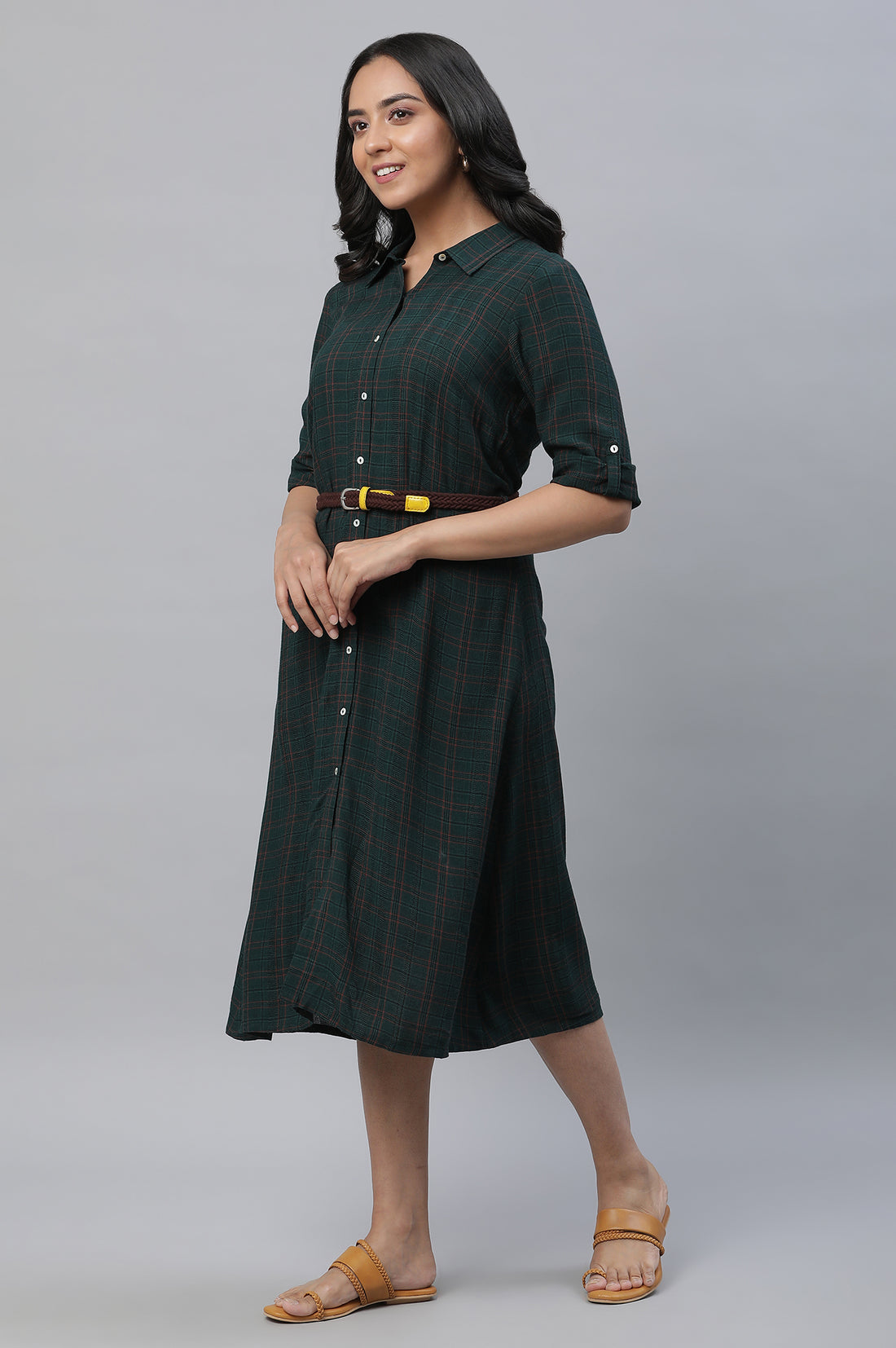 Green Checker Shirt Dress with Belt