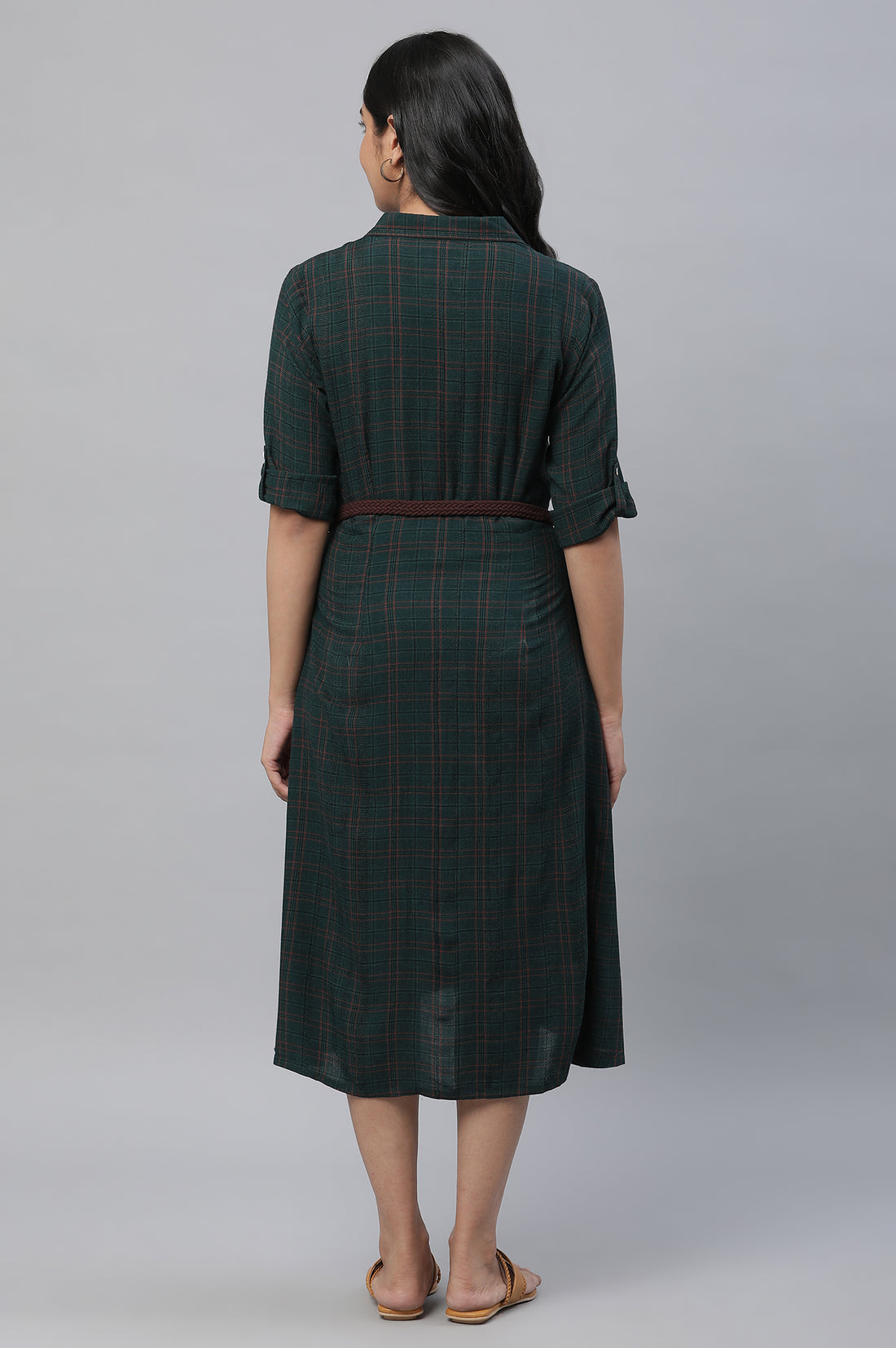 Green Checker Shirt Dress with Belt
