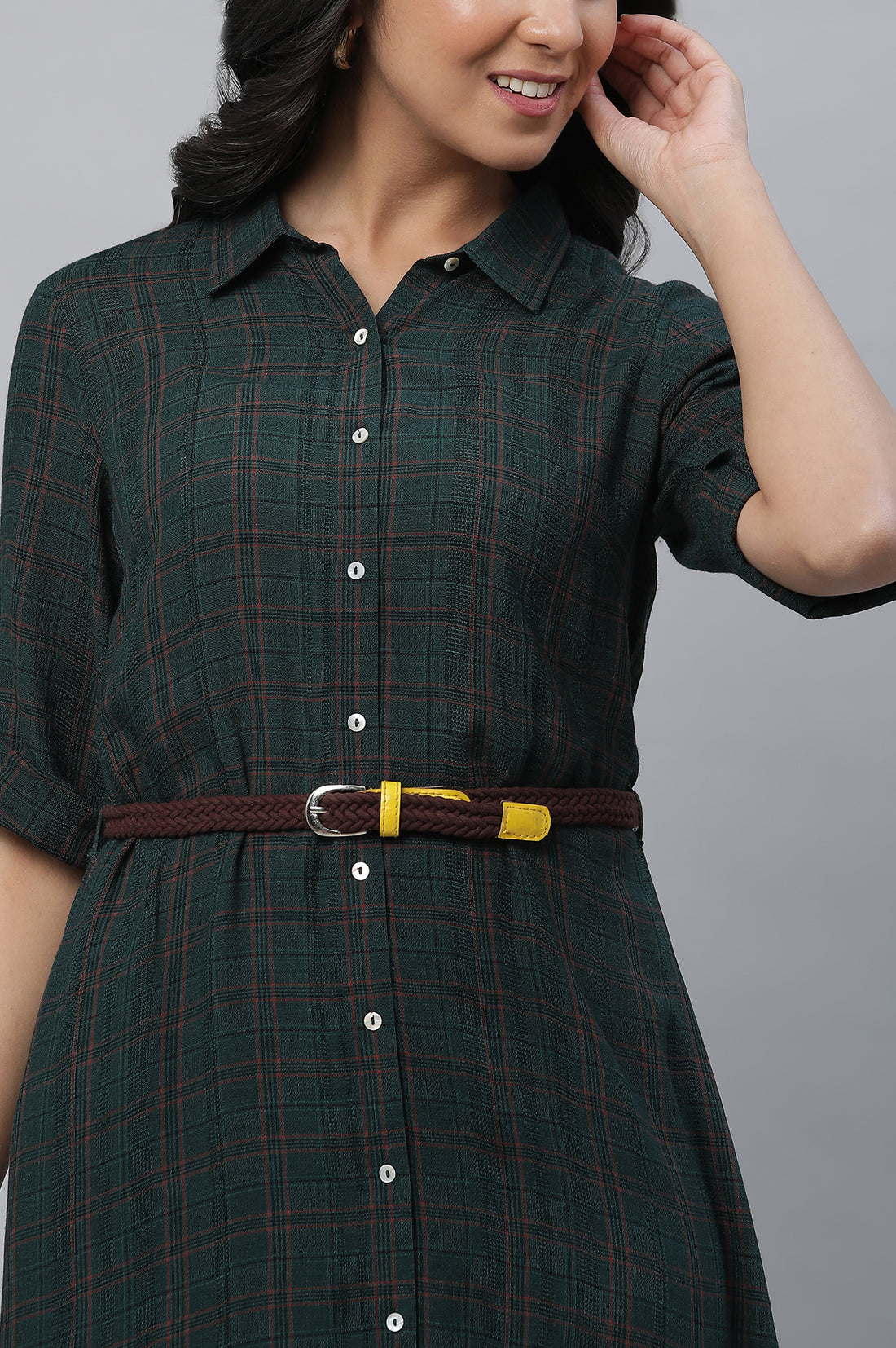 Green Checker Shirt Dress with Belt
