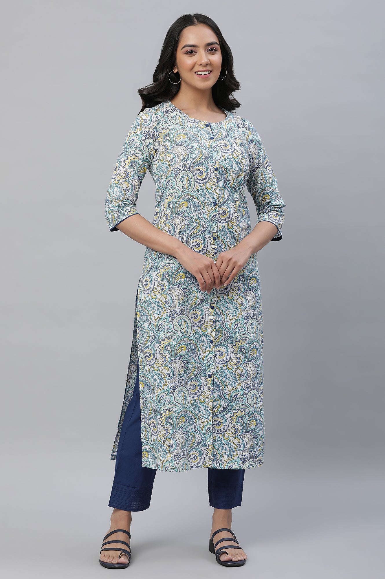 White Casual Straight Kurta in Multi-coloured Print