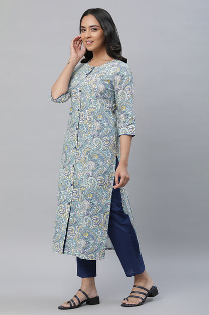 White Casual Straight Kurta in Multi-coloured Print