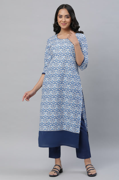 White Straight Kurta in Indigo Floral Print