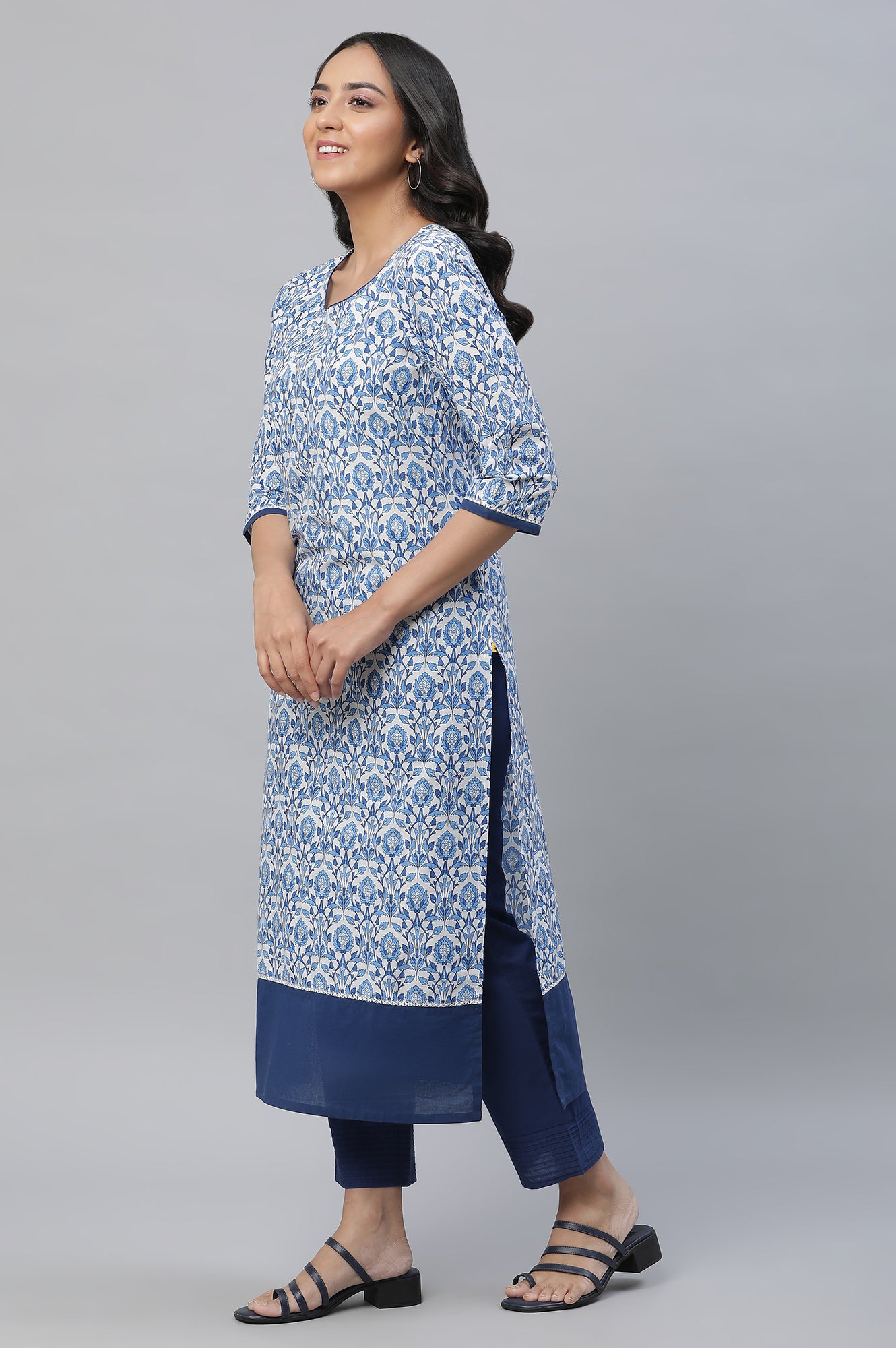 White Straight Kurta in Indigo Floral Print