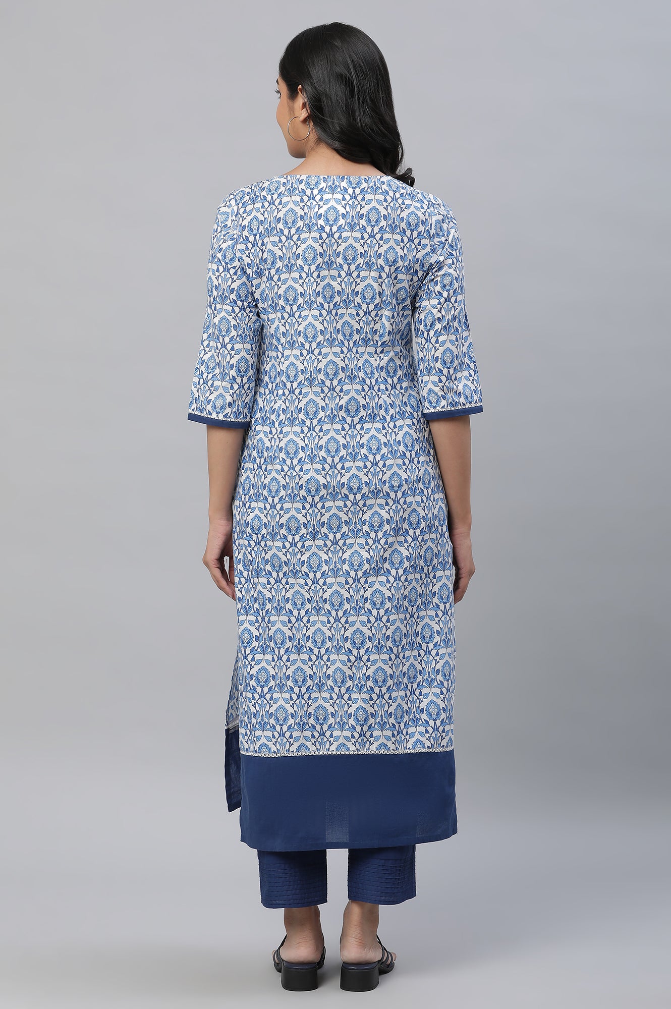 White Straight Kurta in Indigo Floral Print