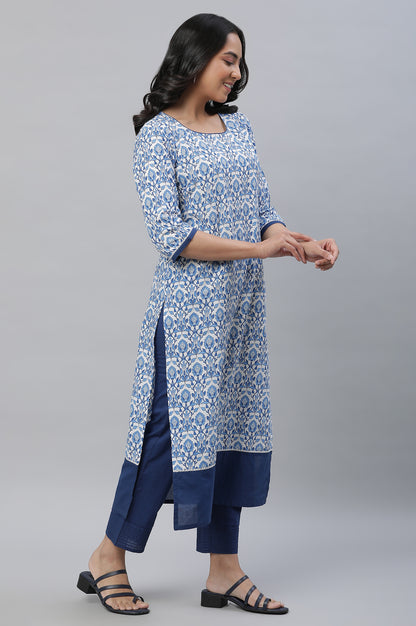 White Straight Kurta in Indigo Floral Print