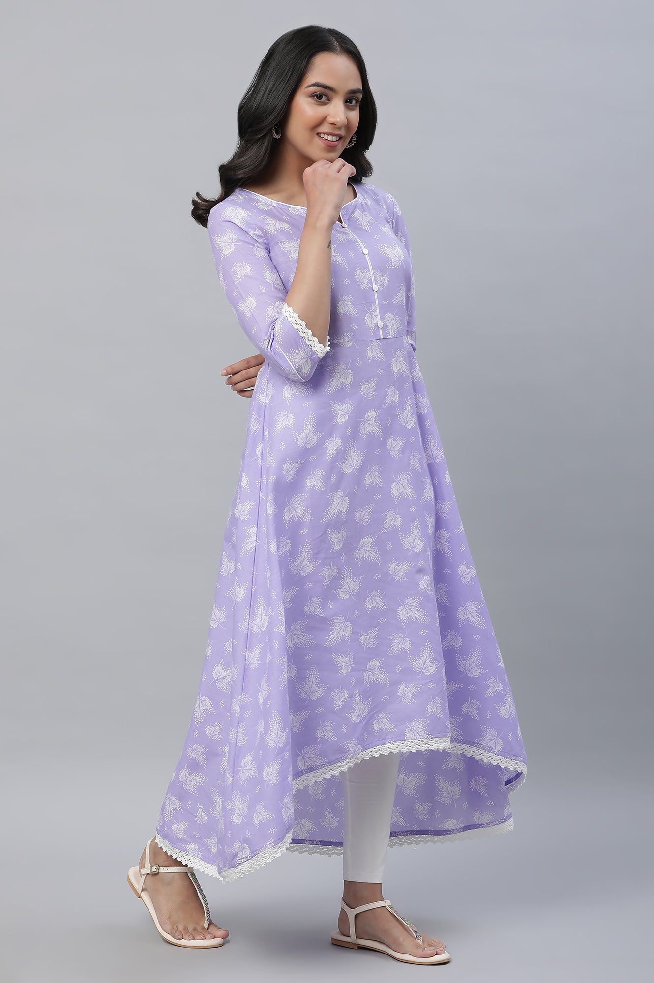 Purple Floral Printed High-Low Kurta