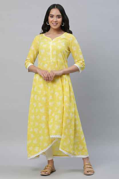 Yellow Floral Printed High-Low Kurta