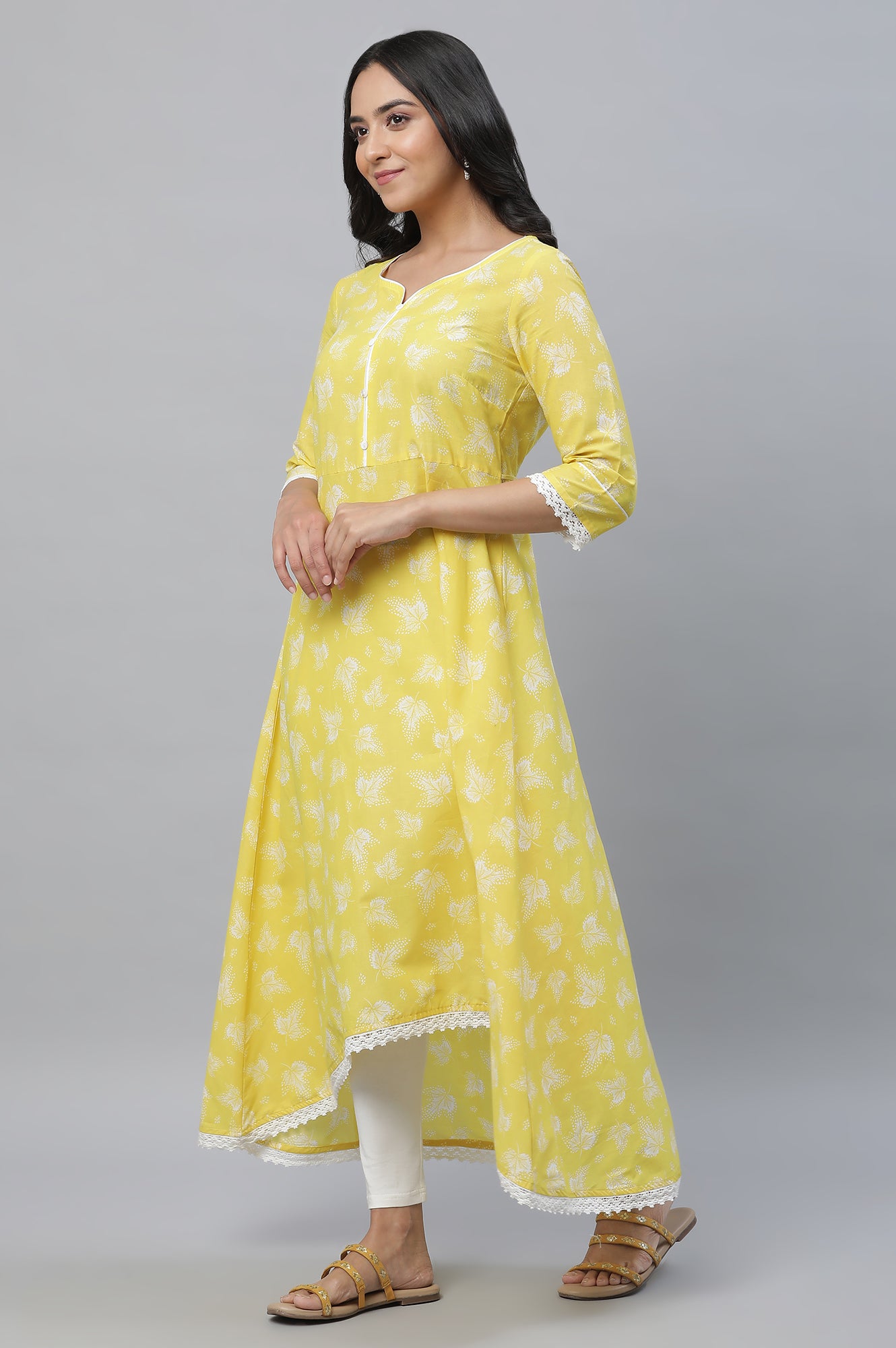 Yellow Floral Printed High-Low Kurta