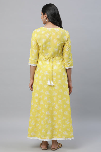 Yellow Floral Printed High-Low Kurta