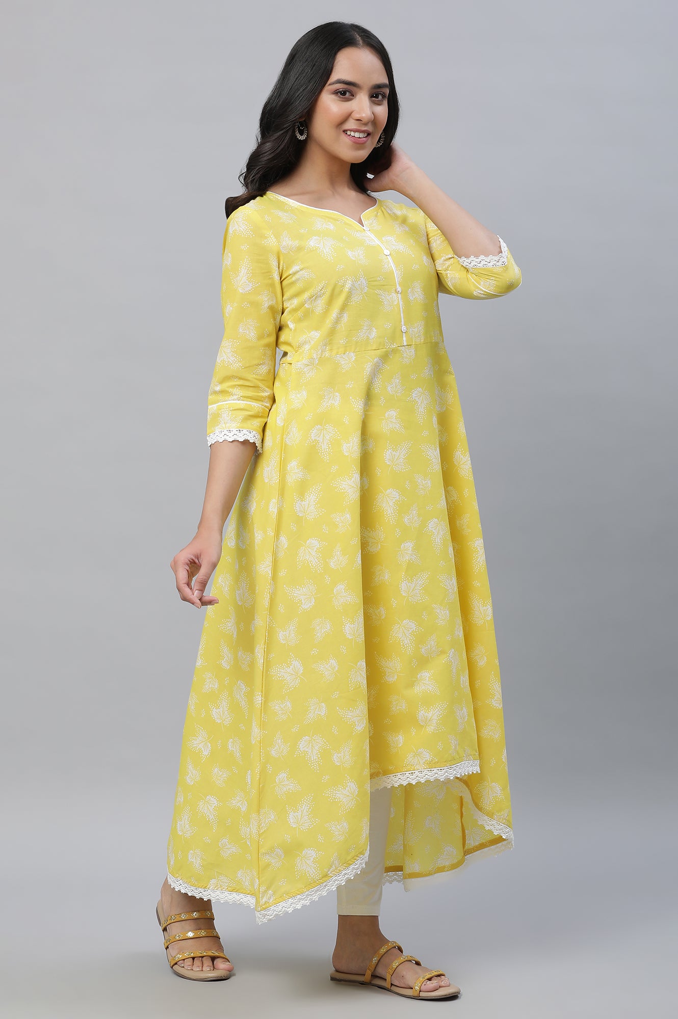 Yellow Floral Printed High-Low Kurta