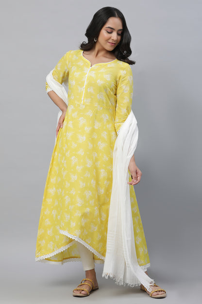 Yellow Floral Printed High-Low Kurta