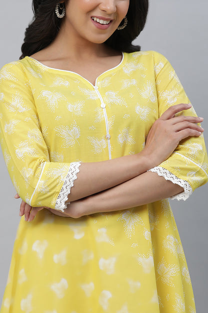 Yellow Floral Printed High-Low Kurta