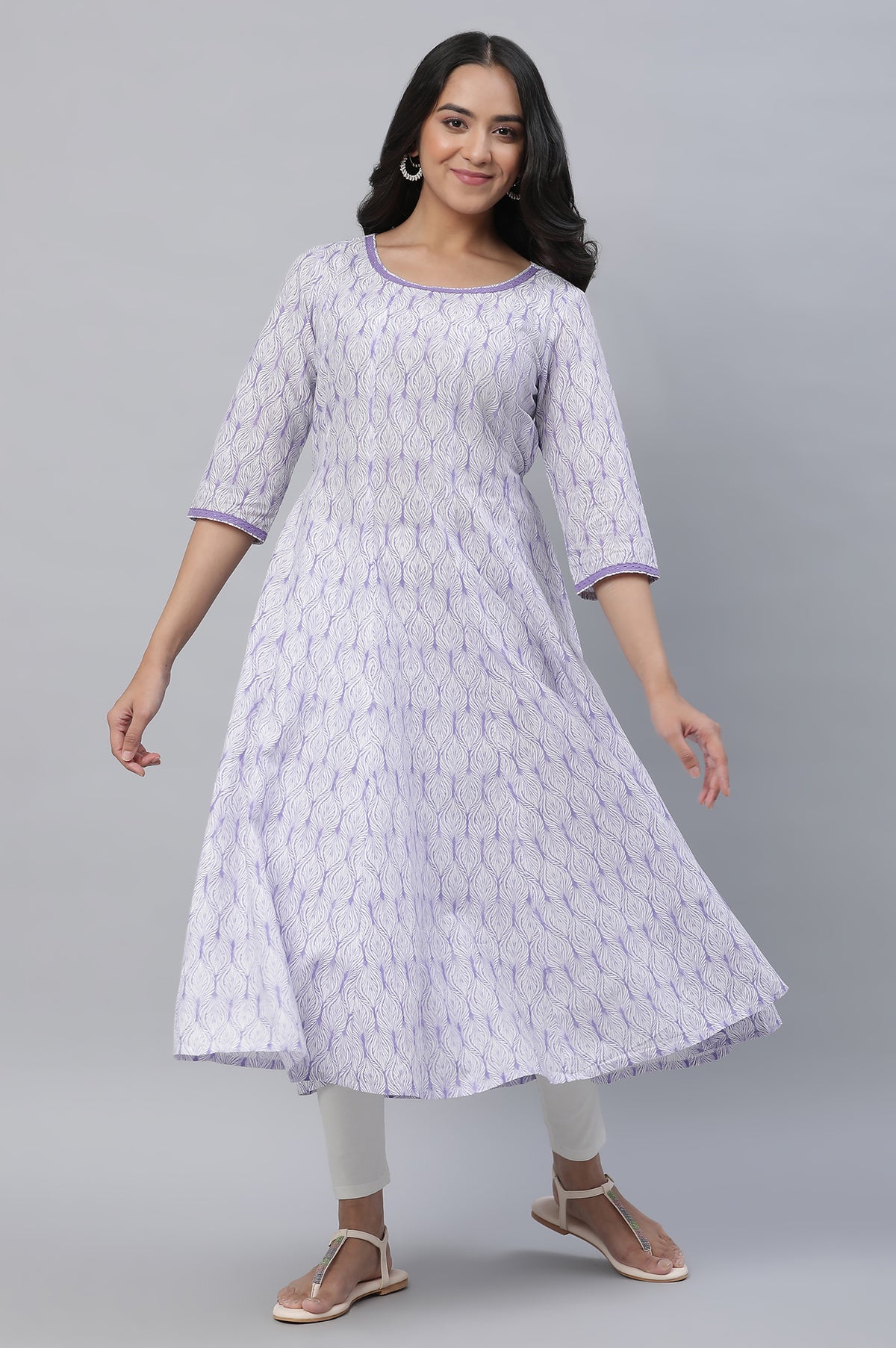 Purple Floral Printed Anarkali Kurta - XS