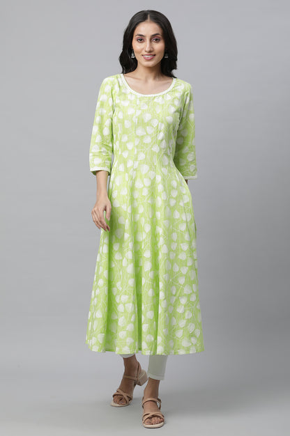 Green Floral Printed Cotton Kurta