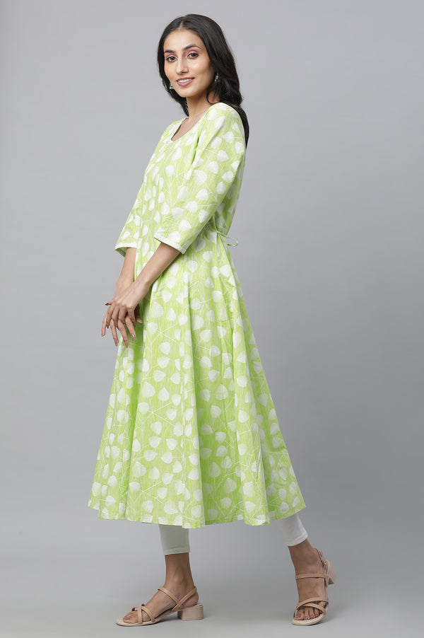 Green Floral Printed Cotton Kurta