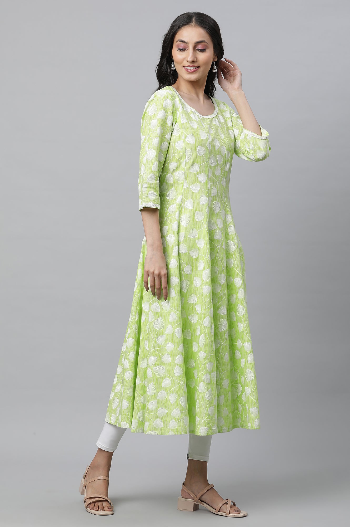 Green Floral Printed Cotton Kurta