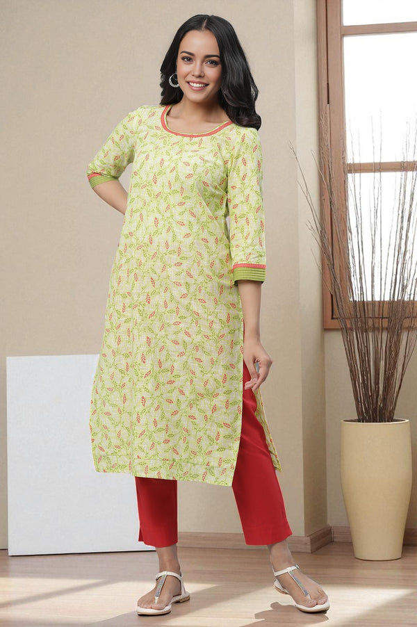 Green Floral Printed Lace Straight Kurta