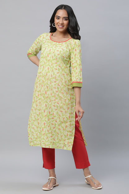 Green Floral Printed Kurta with Lace Detail