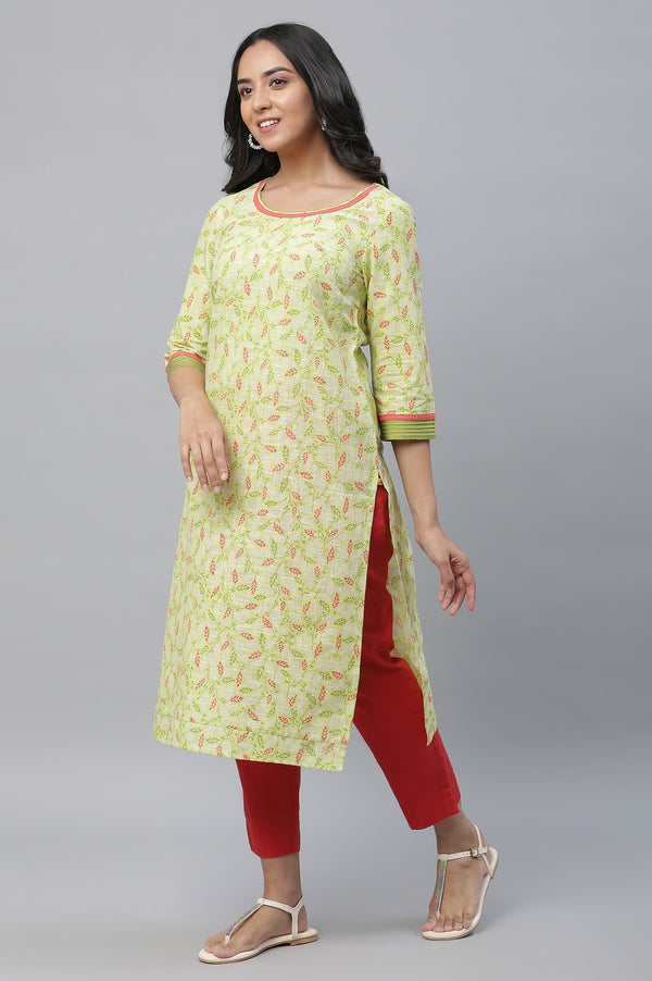 Green Floral Printed Lace Straight Kurta