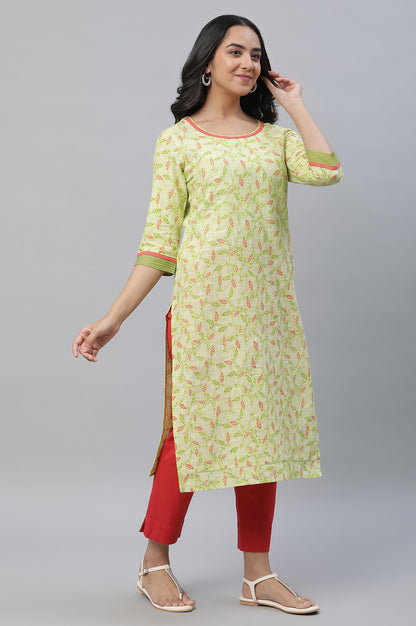 Green Floral Printed Kurta with Lace Detail